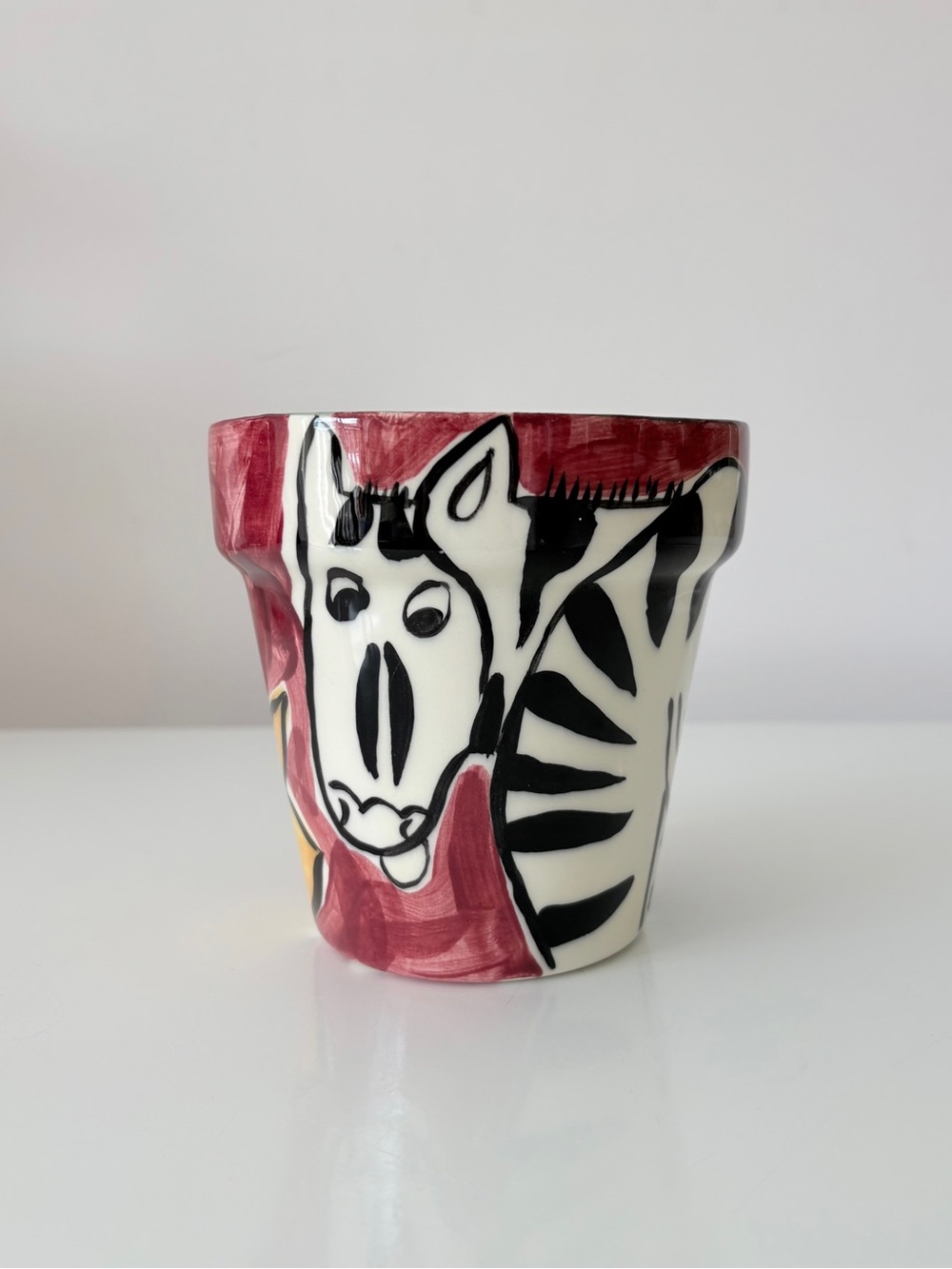 90s Fiona Collins Zebra Handmade Plant Pot Whimsical Made in Canada Hand Painted